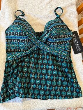 Miraclesuit Turquoise & Black Geometric Tankini Top womens 16 new!